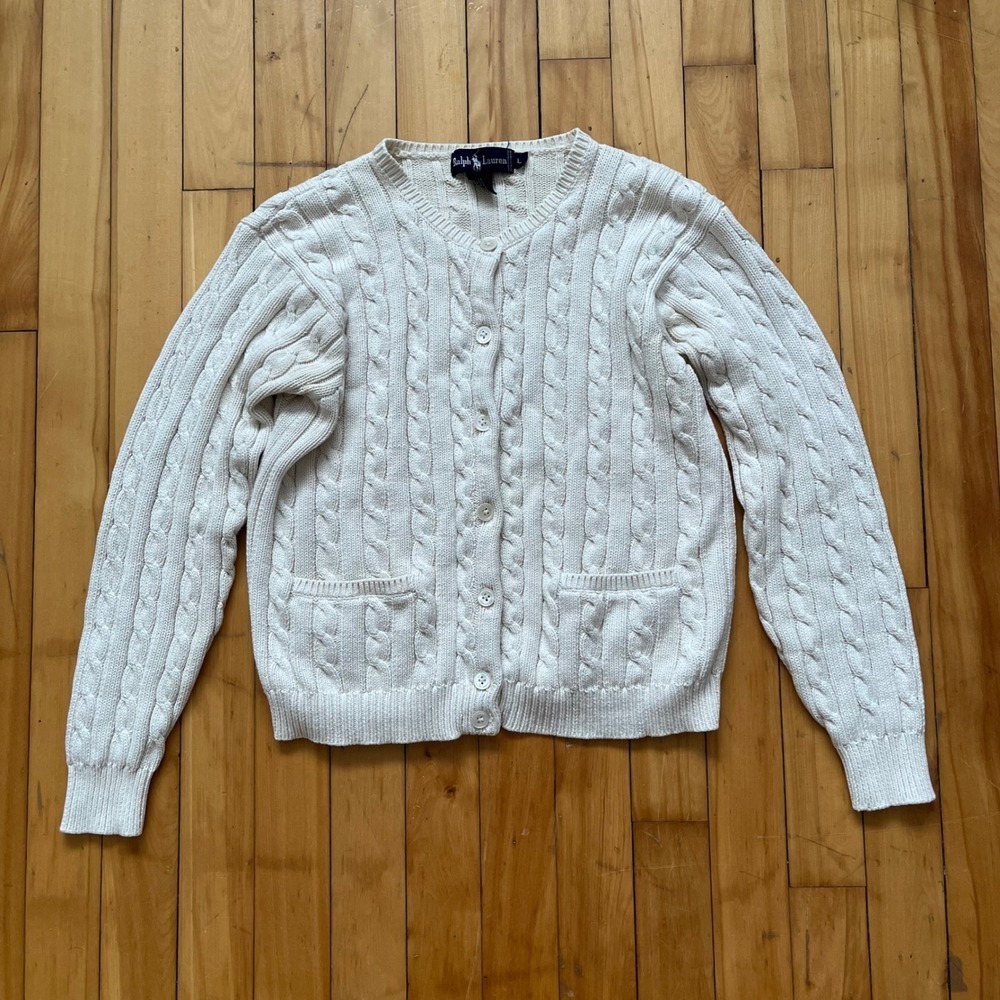 Ralph Lauren Cream Cable Knit Cardigan Womens Large Cotton Sweater Button Front